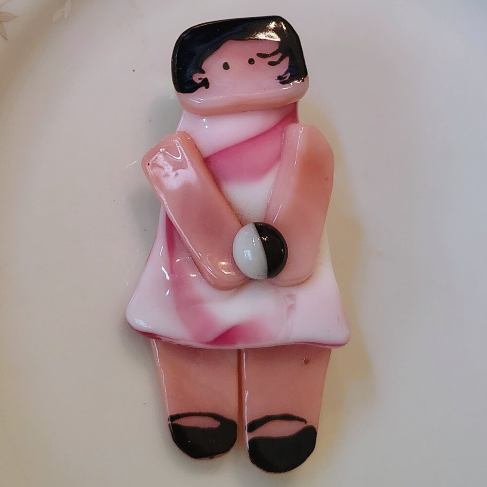 Vtg Art Glass Adorable Doll Girl with Ball Ballet Shoes Brooch